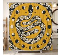 Cortina de ducha de serpiente, diseño bohemio artístico de crisantemo, luna, verano, amarillo, lavable, con ganchos, diseño impreso, cortinas de baño para baño, decoración de habitación de invitados