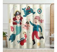 Cortina de ducha de sirena con ganchos, diseño náutico, ballena, pirata, océano, pulpo, divertido, beige, poliéster, impermeable, para interiores, hotel, universidad, baño, decoración, 157,5 x 183 cm
