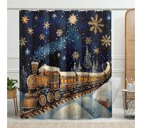 Cortina de ducha de tren, acuarela azul cielo nocturno, copos de nieve, cortina de ducha para decoración de vacaciones de invierno, arte festivo, juego de cortina de ducha de tela impermeable moderna