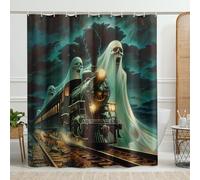 Cortina de ducha de tren fantasma de Halloween, decoración de baño fantasma de calavera espeluznante, otoño, festivo, verde oscuro, gótico, tela impermeable, juego de baño con ganchos, 157 x 183 cm