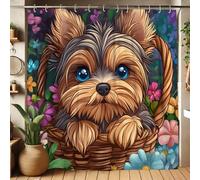 Cortina de ducha de Yorkshire Terrier, bonito perro en cesta de flores, decoración de baño, juego de cortina de ducha de tela impermeable de temporada de primavera con ganchos, 62 x 72 pulgadas