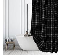 Cortina de ducha estilo granja con rayas negras, cortina de baño bohemia de patchwork de gingham, cortina de baño rústica de estilo country chic, juego de cortina de baño resistente con borlas