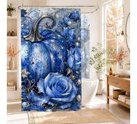 Cortina de ducha extra ancha con diseño de calabazas, mariposa y girasol, color azul otoño, lavable, con ganchos, cortinas de ducha para baño, decoración de habitación de invitados, 274 x 183 cm