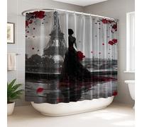 Cortina de ducha extra ancha con diseño de la Torre de París, romántica y elegante, con diseño de rosas románticas, color negro, impermeable, para baño, decoración de habitación de invitados, 274 x