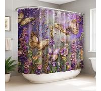 Cortina de ducha extra ancha con diseño de mariposa, flores románticas, lavanda, primavera, violeta, poliéster, impermeable, para baño, bañera, apartamento, decoración de 108 x 72 pulgadas