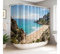 Cortina de ducha extra ancha para playa, acantilado tropical del océano, azul de verano, lavable con ganchos, cortinas de tela para tina, decoración para baño, habitación de invitados, 108 x 72