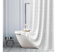 Cortina de Ducha Extra Larga Blanca Estilo Granja - Cortinas de Ducha de Tela de Lino Boho Modernas para Baño, Juego de Cortina de Baño Resistente Estilo Country Estético con Borlas - Cortina de Ducha