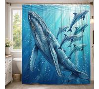 Cortina de ducha extra larga con diseño de ballena, delfines marinos realistas y burbujas, de poliéster, impermeable, para baño, decoración de habitación de invitados, 72 x 96 pulgadas