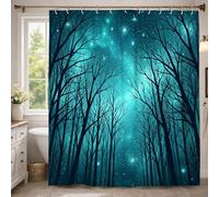 Cortina de ducha extralarga con diseño de árboles, estrellas místicas, horizonte nocturno, invierno, verde azulado, poliéster, impermeable, para el hogar, baño, decoración de hotel, 72 x 96 pulgadas