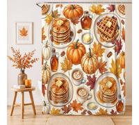 Cortina de ducha extralarga con diseño de calabazas, diseño de tortitas rústicas de otoño, jarabe de arce, color naranja otoñal, lavable, con ganchos, decoración para baño, dormitorio, 72 x 96