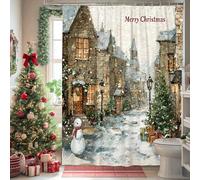 Cortina de ducha extralarga con diseño de muñeco de nieve, árbol de Navidad, lámpara de calle, color verde, lavable, con ganchos, cortina decorativa para baño, decoración de habitación de invitados