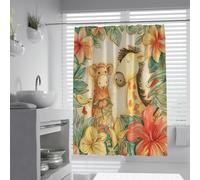 Cortina de Ducha Familiar Sencilla de Jirafa, Animales de Dibujos Animados, Flores Tropicales, Hojas Verdes, Escena de la Jungla, Cortina de Ducha para Decorar el baño 200 x 240 cm