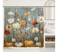 Cortina de ducha floral de calabaza, decoración de baño con flores de color naranja y verde, estilo vintage de otoño, cortina de ducha de tela impermeable con ganchos, 62 x 72 pulgadas