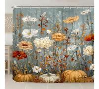 Cortina de ducha floral de calabaza, decoración de baño con flores de color naranja y verde, estilo vintage de otoño, cortina de ducha de tela impermeable con ganchos, 108 x 72 pulgadas