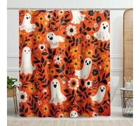 Cortina de ducha floral de Halloween, cortina de ducha con mosca de fantasma encantador naranja para decoración de baño, otoño, moderno, festivo, tela impermeable, juego de cortina de ducha con