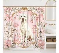 Cortina de ducha floral, diseño de perro rosa melocotón, decoración de baño, primavera y verano, elegante cortina de ducha de tela impermeable vintage con ganchos, 72 x 84 pulgadas