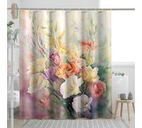Cortina de ducha floral en acuarela, decoración de baño rosa naranja y amarillo, primavera y verano, tela moderna artística blanca impermeable con ganchos, 72 x 78 pulgadas