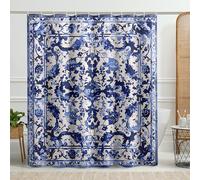 Cortina de ducha inspirada en cerámica, patrón barroco azul y beige para decoración de baño, juego de cortina de ducha de tela impermeable mediterránea para todas las estaciones con ganchos, 72 x 78