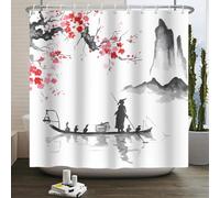 Cortina de Ducha Japonesa con diseño de Ciruelo Rojo, Cerezo, Pintura de Tinta Oriental China, Paisaje, Cortina de baño Impermeable, decoración 80x190cm/WxH