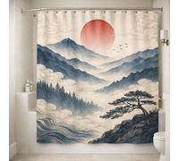 Cortina de Ducha Japonesa Ukiyo-e, Cortina de baño con Paisaje de montaña Vintage, decoración de baño con Sol Rojo, Arte Mural Zen asiático (145 x 210 cm / 57 x 83 Pulgadas (Ancho x Alto))
