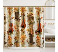 Cortina de ducha otoñal, hojas rústicas marrones y naranjas, botas de violín, decoración de baño, cortina de ducha de tela impermeable vintage de otoño con ganchos, 72 x 72 pulgadas