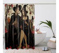 Cortina de ducha para pareja de brujas de Halloween, color rojo y negro, romántica cortina de ducha de personajes de Halloween para decoración de baño, juego de cortina de ducha de tela impermeable