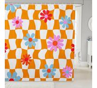 Cortina de ducha rústica bohemia floral de 72 pulgadas de ancho x 84 pulgadas de largo, cortinas de baño impermeables a cuadros blancos y naranjas, cortinas de baño estéticas de tablero de ajedrez
