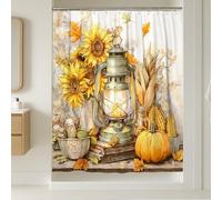 Cortina de ducha rústica con diseño de girasoles amarillos, decoración de baño de acuarela otoñal, cosecha de otoño, cortina de ducha de tela impermeable vintage con ganchos, 72 x 96 pulgadas