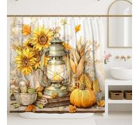Cortina de ducha rústica con diseño de girasoles amarillos, decoración de baño de acuarela otoñal, cosecha de otoño, cortina de ducha de tela impermeable vintage con ganchos, 72 x 78 pulgadas
