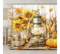 Cortina de ducha rústica con diseño de girasoles amarillos, decoración de baño de acuarela otoñal, cosecha de otoño, cortina de ducha de tela impermeable vintage con ganchos, 108 x 72 pulgadas