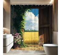 Cortina de ducha Scenic para puerta, cortina de ducha con puerta abierta y paisaje verde azul para decoración de baño, cortina de ducha de tela impermeable moderna para primavera y verano, juego de