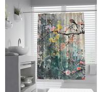 Cortina de Ducha Tradicional con Tinta China Flor de Ciruelo Flor de Ave Paisaje Natural Cortina de baño con Ganchos Impermeables W180xL180 cm