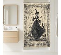 Cortina de ducha vintage de bruja, decoración de Halloween negra y crema, juego de baño gótico espeluznante con ganchos, 91 x 183 cm
