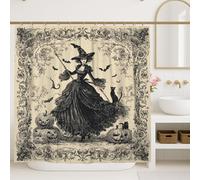 Cortina de ducha vintage de bruja, decoración de Halloween negra y crema, juego de baño gótico espeluznante con ganchos, 72 x 72 pulgadas