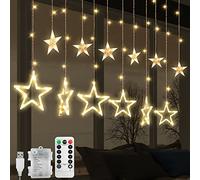Cortina de luces con 12 Estrella, Guirnalda Luces de Navidad Decorativas 2.5m 138 LED, 8 modos de parpadeoLuces De Cortina De Ventana Blanco Calido, Decoración Para La Navidad (A - Blanco Cálido)