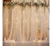 Cortina de telón de Fondo de Tul champán de 10 x 10 pies con Cadena de Luces para Fiestas, Cortinas Transparentes para decoración del hogar y Fiestas de Boda