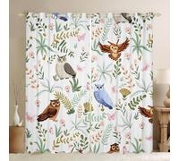 Cortina de ventana de búho de dibujos animados, animales salvajes lindos azules y marrones búhos cortinas para niñas y niños, Kawaii Rosa Mariposa Floral Hojas Hojas Tratamiento de Ventana Cortinas