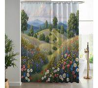 Cortina Ducha 150An X 180Al Cm,Cortina De Ducha Impermeable Poliéster Lavable con Ganchos,Cortinas De Baño,Campos Pastizales