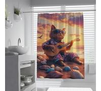Cortina ducha al atardecer en la playa gato fresco con gafas sol y tocando la guitarra en la orilla arena cortina ducha para la habitación del bebé decoración del baño impermeable W180xL220 cm