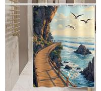 Cortina Ducha Paisaje Marino 180x180 cm, Cortina de Ducha Puente de Madera y Roca Lavable de Poliéster, Cortinas de Baño Impermeable Antimoho con Ganchos, Secado Rápido, Dobladillo con Peso (LB2043)