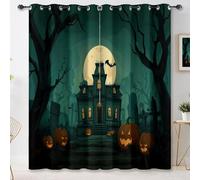 Cortina Estampado Dibujos Animados Castillo Árbol Muerto Calabaza - 140An x 225Al cm (2 Paneles) Termicas Aislantes Cortinas Estampadas, Verde Oscuro Cortinas opacas para Ventanas Sala Comedor Oficina