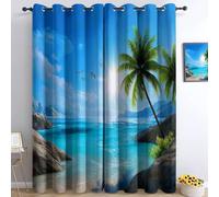 Cortina Opaca Cortas 117x138 cm Palmeras y Vista al Mar Azul Cortinas Cocina Modernas 2 Piezas 3D Azul Cortina Termicas Aislantes Frio Y Calor con Ojales para Ventanas Pequeñas A.2035