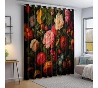 Cortina Opaca Estampada Pintura Al Óleo Flores Rosas Peonías - Rojo Intenso Cortinas Opacas con Aislamiento Térmico Y Ojales para Decorar Ventanas De Dormitorios, 117 An x 138 Al cm (2 Paneles)