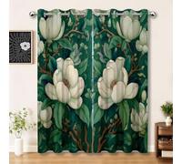 Cortina Opaca para Ventana Magnolia Estilo William Morris Floral Moderno Elegante Juvenil Dormitorio con Anti Luz Cortina Verde Oscuro Termica Aislantes 117An x 183Al cm (2 Paneles)