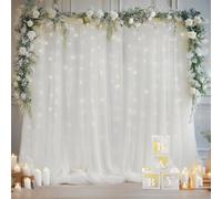 Cortina tipo telón de fondo de tul blanco de 10 x 10 pies con cadena de luces para fiestas, cortinas de fondo transparentes para bodas, fiestas y decoración del hogar