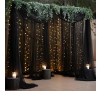 Cortina Tipo telón de Fondo de Tul Negro de 30 x 10 pies con Cadena de Luces para Fiestas, Cortinas Transparentes para decoración de Bodas, Fiestas y hogar