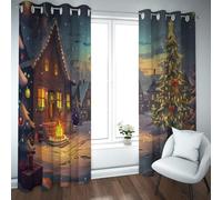 Cortinas Aislamiento térmico Opacas con Tema Cuento Hadas Árbol Navidad cabaña Pueblo pequeño Impresiones Hoguera Cortinas Puerta para Dormitorio Sala Estar W160xL183cm 2 pièces