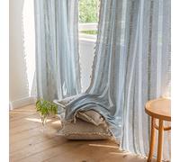 Cortinas bohemias bordadas a rayas de granja de 96 pulgadas de largo, juego de 2 paneles, lino azul, borlas, semiopacas, sala de estar (52 pulgadas de ancho x 96 pulgadas de largo)