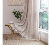 Cortinas bohemias de lino para sala de estar de 63, 84 y 96 pulgadas de largo, bordadas, a rayas, de algodón, semiopacas, con borlas, filtran la luz, bolsillo para cortinero, juego de 2 paneles, color