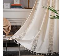 Cortinas bohemias para sala de estar y dormitorio, juego de 2 paneles de lino de algodón semiopacas con borlas y bolsillo para barra, cortinas largas rústicas geométricas beige